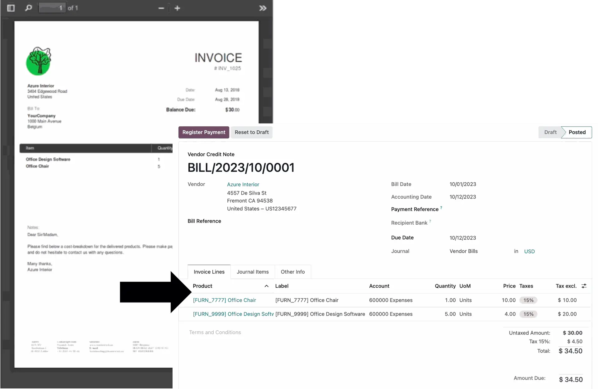 AI-assisted invoice capture matching a scanned PDF invoice to a digital vendor bill record