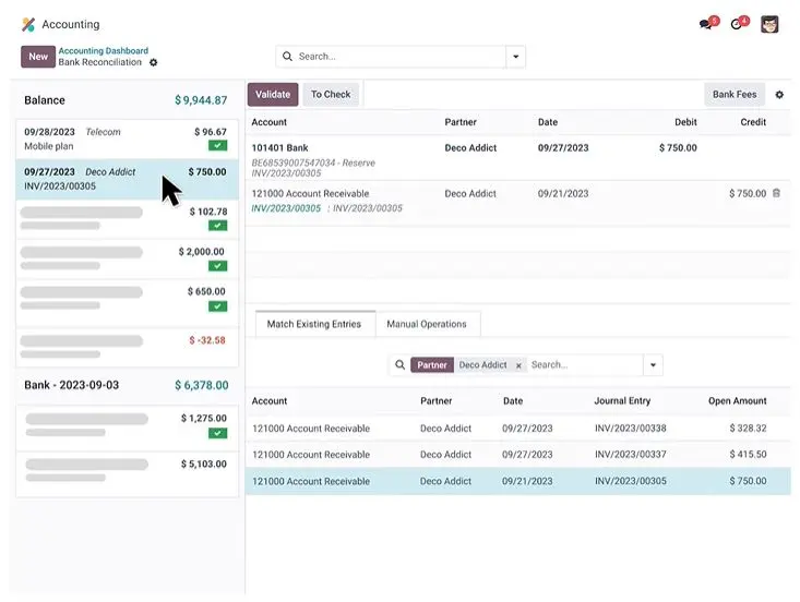 Bank reconciliation dashboard showing automatically matched transactions and account balance