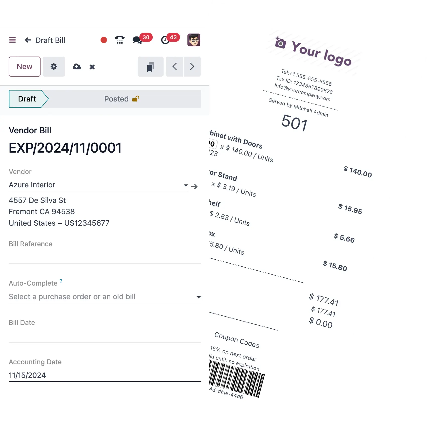 Vendor bill and digital receipt showing automated line-item capture and coding