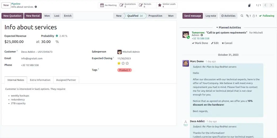 Opportunity detail view showing customer information, expected revenue and communication history