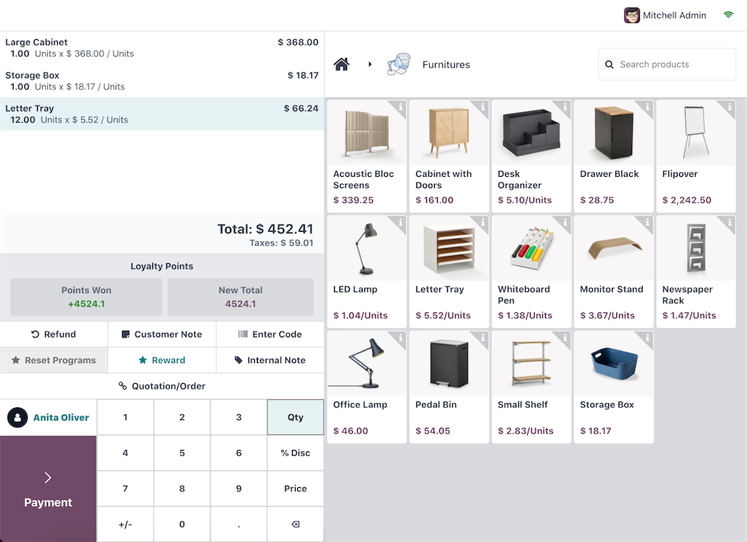 Odoo point of sale interface showing products and running order total