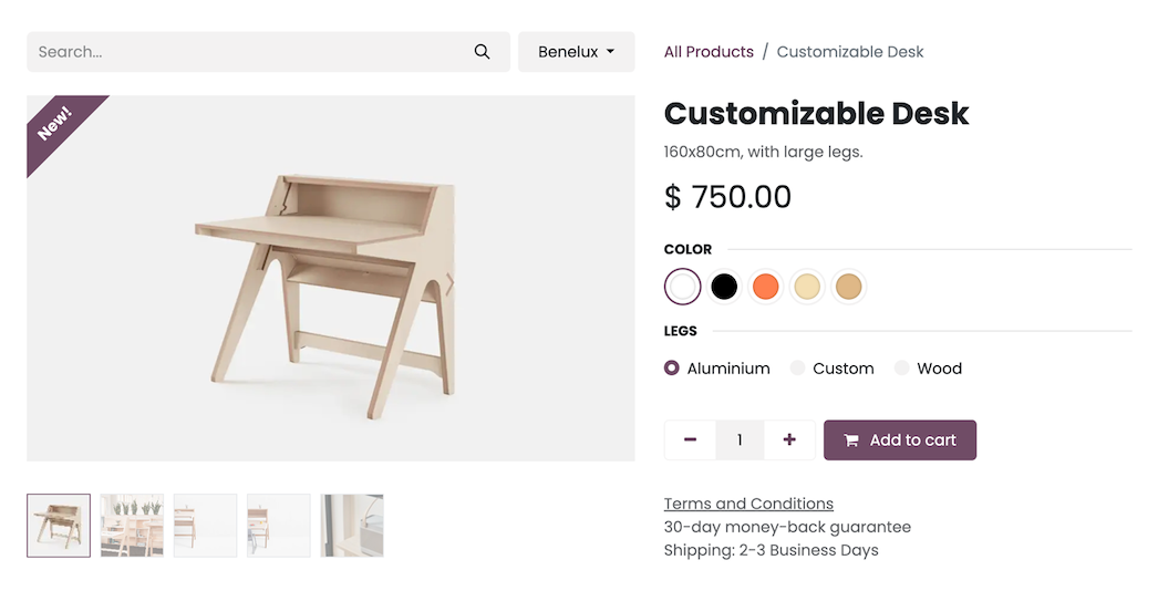 Odoo eCommerce product page with variant selection and add to cart