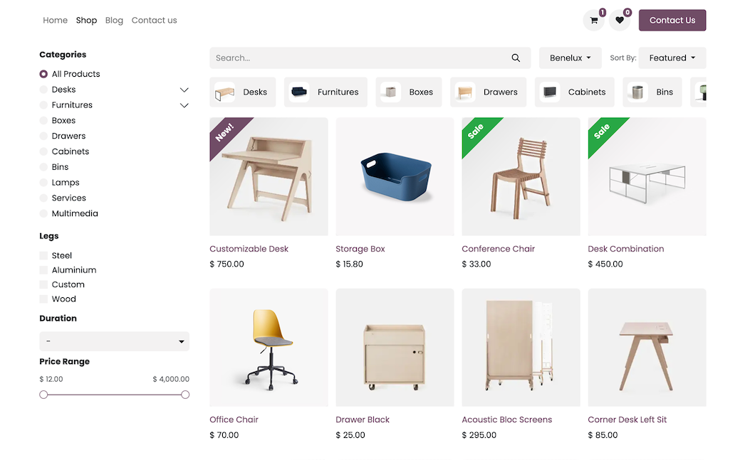 Odoo eCommerce webshop storefront showing product grid, categories and filters