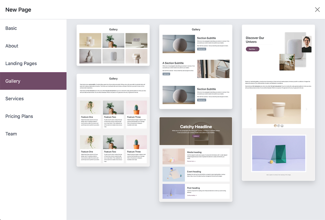 Odoo website builder showing drag and drop page templates