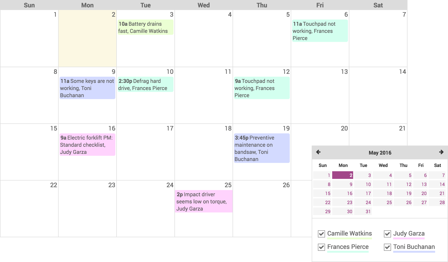 Preventive maintenance calendar with scheduled equipment tasks