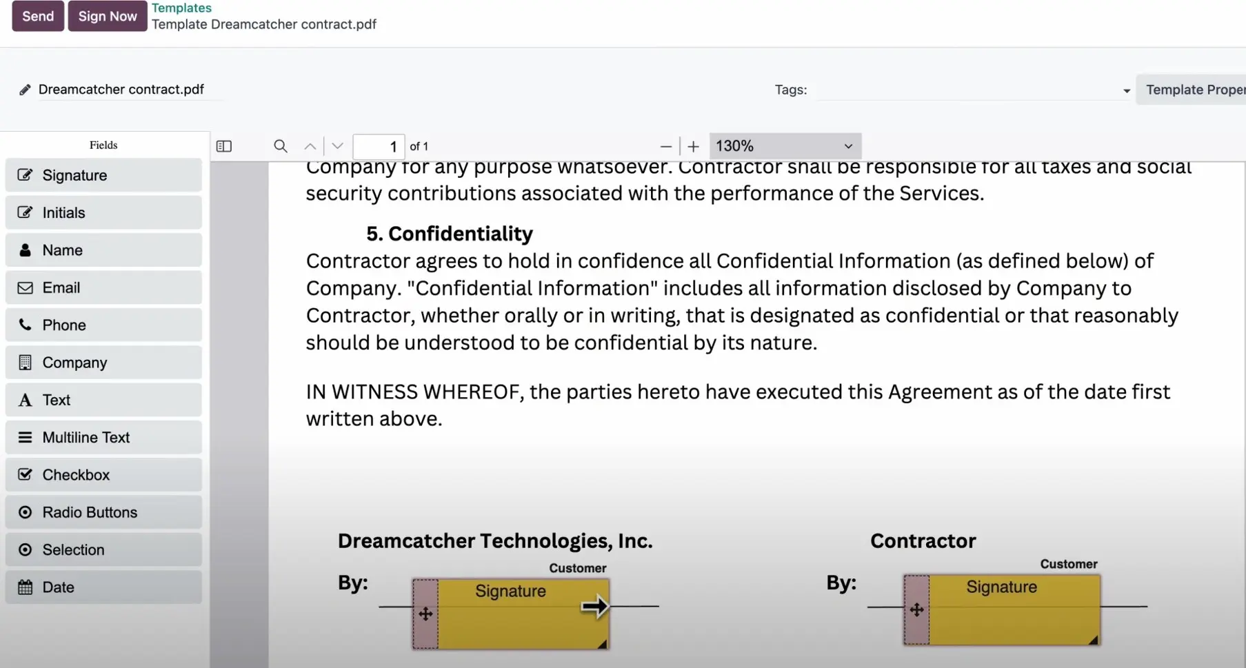 Odoo Sign document editor showing a service contract ready for electronic signature fields