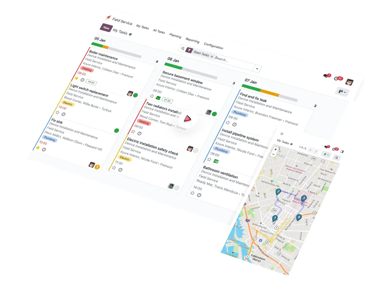 Field Service task board with job details, technician assignments and a route map for on-site visits