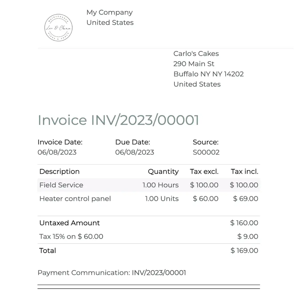 Mobile field service invoice showing billed hours, parts used and total amount due for a customer job