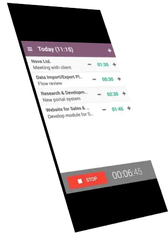 Mobile timesheet app screen showing a running timer and a list of client tasks for time tracking