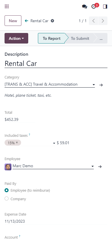 Mobile expense submission screen showing a travel expense with amount, category and employee ready for approval