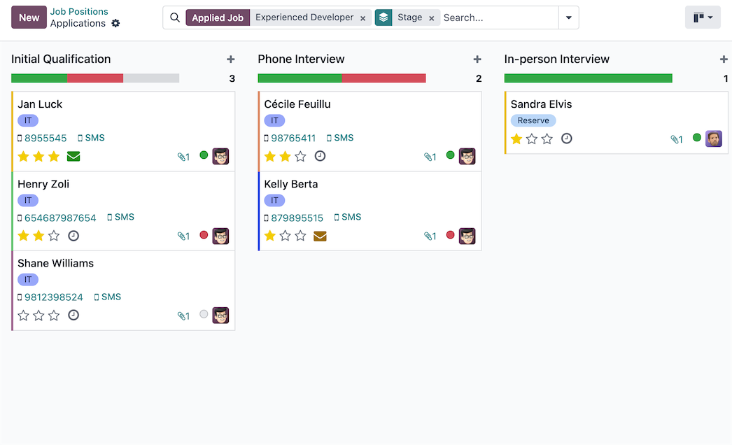 Odoo Recruitment kanban showing job applicants moving through qualification, phone interview and in-person interview stages